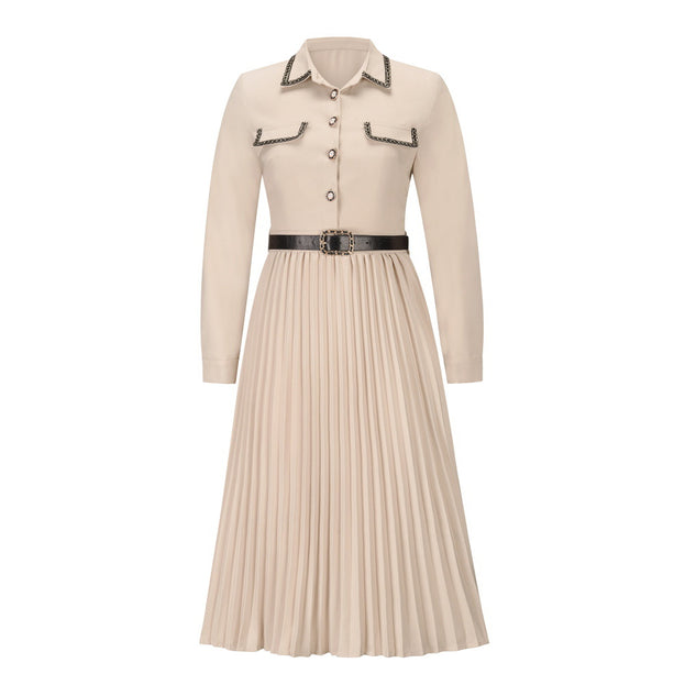 Slim Long Sleeve Belt Dress Mid Length Pleated Skirt
