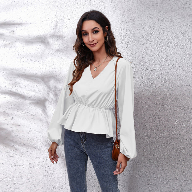 Lantern Sleeve Chiffon Shirt Solid Color V-Neck Long-Sleeved Women's Top