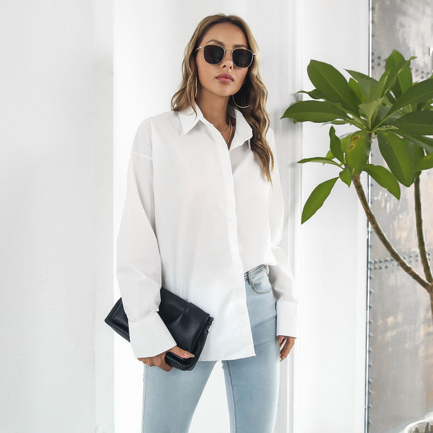 Cotton-Containing Large Cuffs Long-Sleeved Mid-Length Shirt Women's Loose Shirt