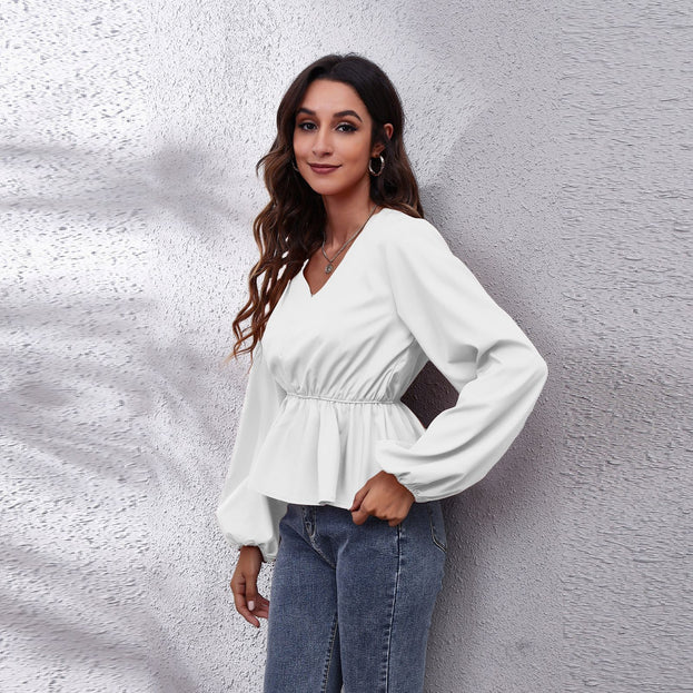 Lantern Sleeve Chiffon Shirt Solid Color V-Neck Long-Sleeved Women's Top