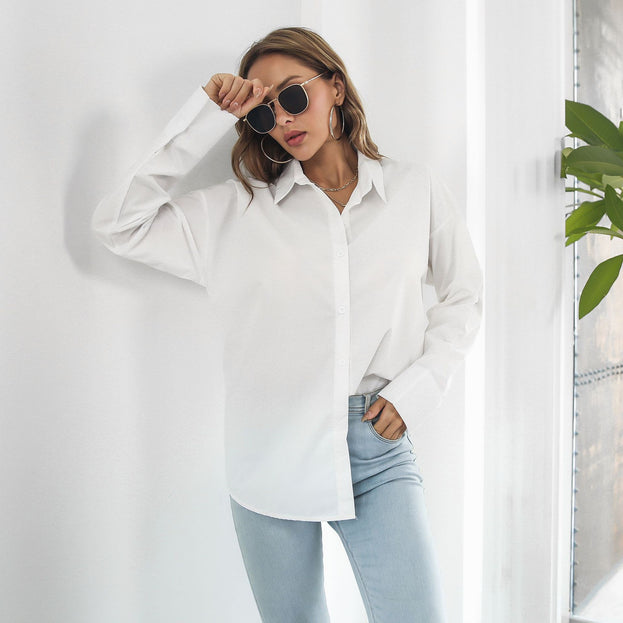Cotton-Containing Large Cuffs Long-Sleeved Mid-Length Shirt Women's Loose Shirt