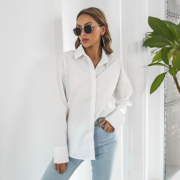 Cotton-Containing Large Cuffs Long-Sleeved Mid-Length Shirt Women's Loose Shirt