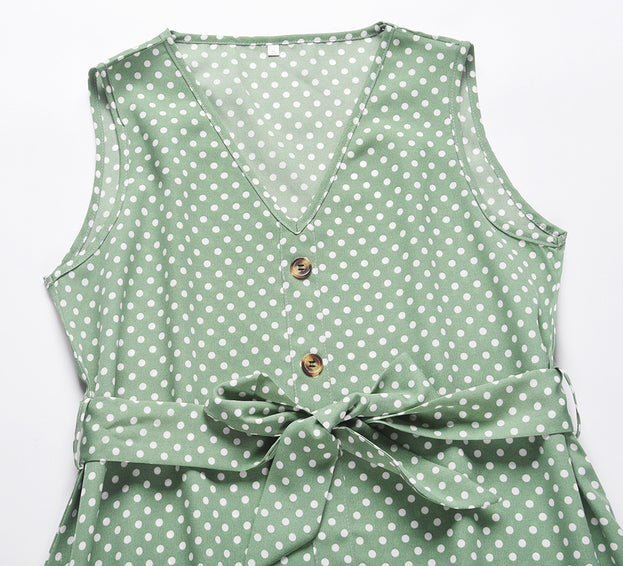 Polka Dot Waist Slimming Sleeveless Vest Dress V-Neck Temperament Button Short Skirt