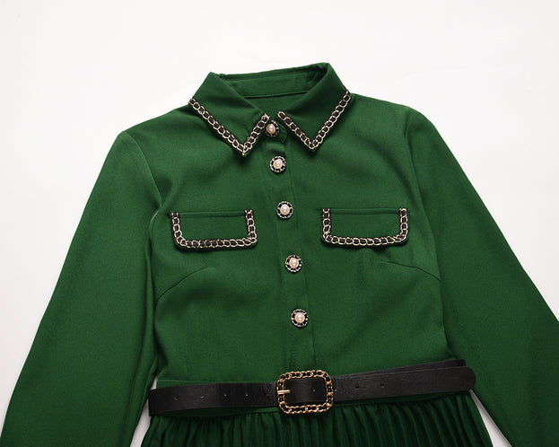 Slim Long Sleeve Belt Dress Mid Length Pleated Skirt