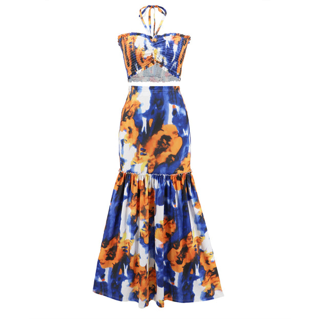 Sexy Bohemian Printed Dress with Cable Hanging Neck Top+Wrapped Hip Fishtail Skirt